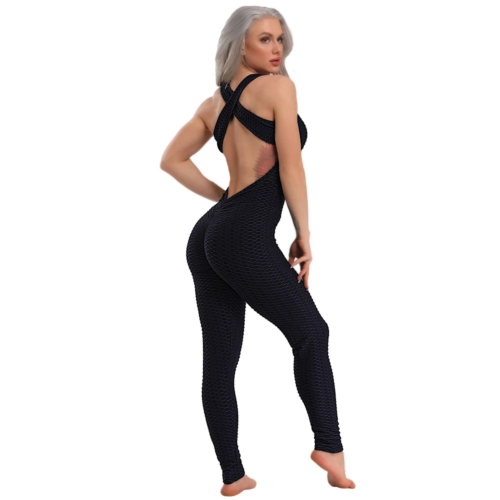 GymHalo™ – Backless Halter Skinny Jumpsuit (Fitness-Focused, Breathable & Bold)