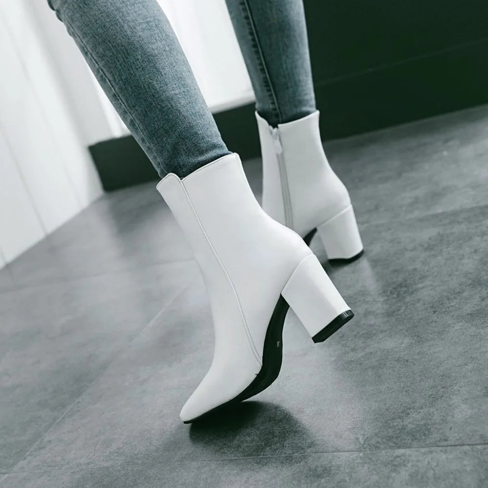 Women Side Zipper Mid-Heel Ankle Boots – Winter Casual Shoes