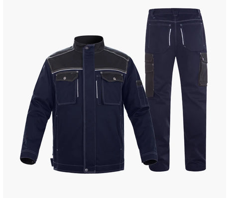 Reflective welding suit set featuring a windproof jacket and durable work pants in navy blue.