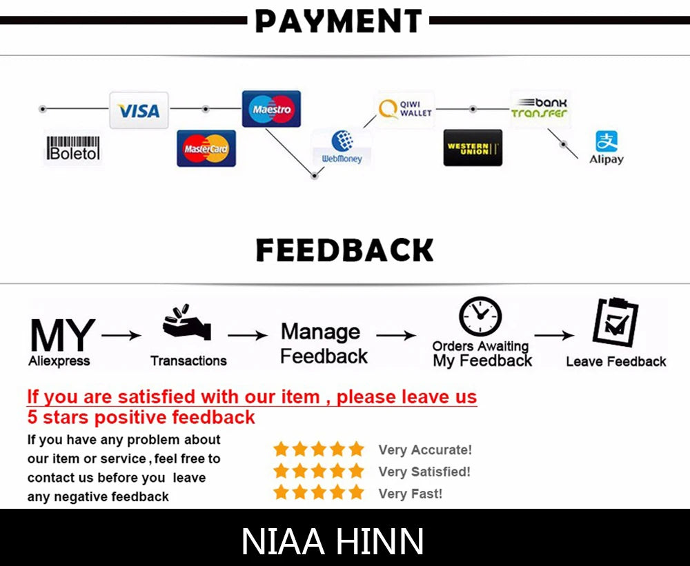 Payment methods and feedback instructions for NiaaHinn, including options like Visa and Alipay.