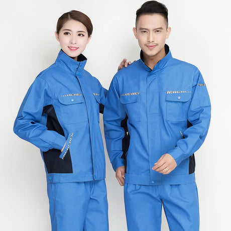 Unisex blue work clothing set for men and women, featuring durable fabric and practical design for workshop safety and utility.