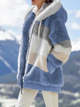 Warm Plush Patchwork Hooded Winter Coat