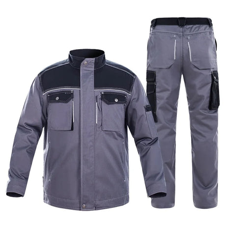 Reflective welding suit set with jacket and pants, windproof and durable work uniform for safety.