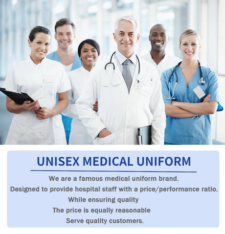 Group of healthcare professionals wearing unisex medical uniforms, promoting quality and affordability in medical attire.