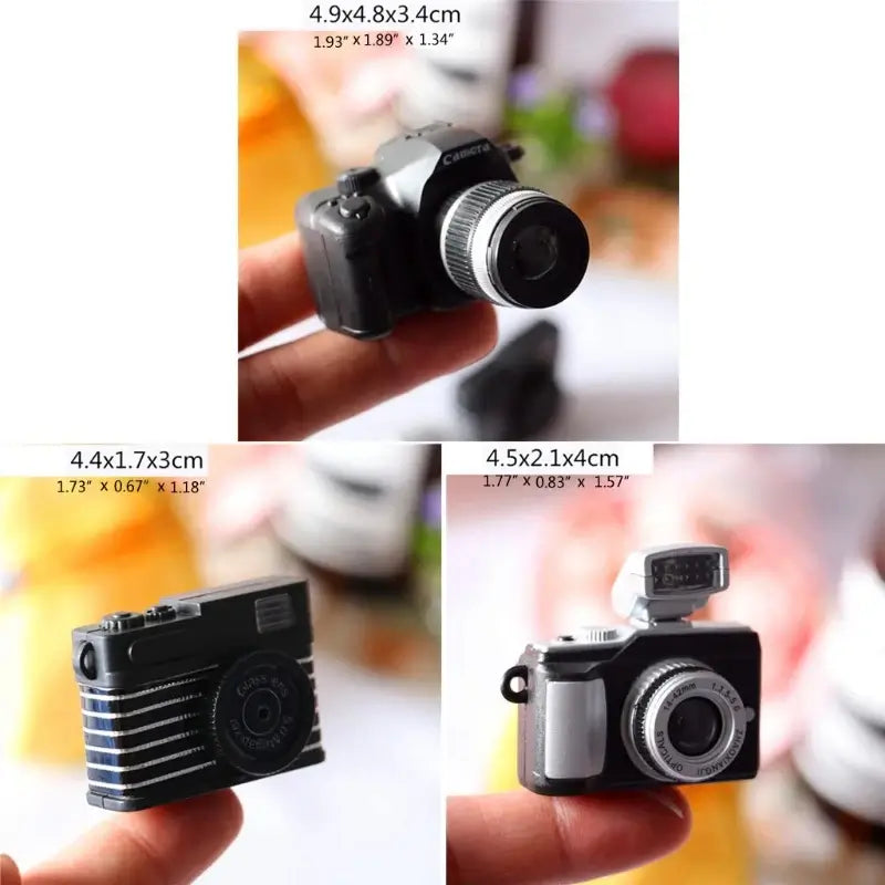 Miniature black cameras, 1/12 dollhouse accessories, perfect for baby photography props.