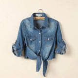 Cropped short sleeve denim kimono shirt with turn-down collar and tie-front detail for women.