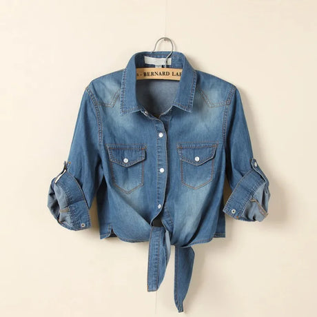 Cropped short sleeve denim kimono shirt with turn-down collar and tie-front detail for women.