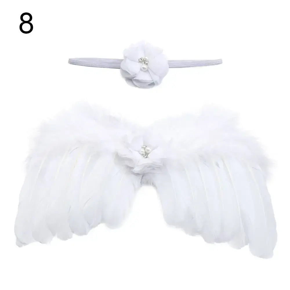 Cute newborn angel feather wings with rose flower headband for baby girls, perfect for photo shoots and special occasions.
