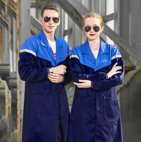 Workshop coverall in navy blue for men and women, featuring reflective details and utility design for durable workwear.