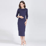 Postpartum nursing maternity dress with 3/4 sleeves, navy blue color, perfect for breastfeeding and comfortable wear.