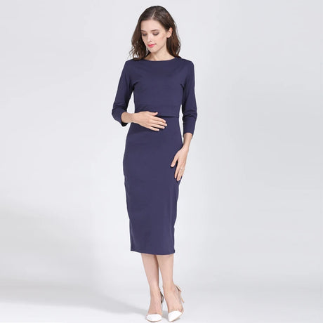 Postpartum nursing maternity dress with 3/4 sleeves, navy blue color, perfect for breastfeeding and comfortable wear.