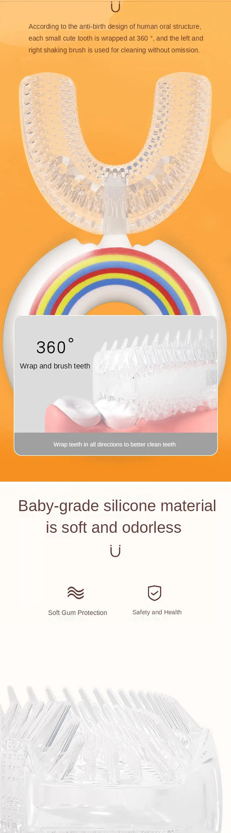 360-degree baby-grade silicone toothbrush featuring a soft, odorless material designed for effective dental care.