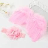 Cute newborn angel feather wings with pink flower headband for baby girls, perfect for photo props and special occasions.