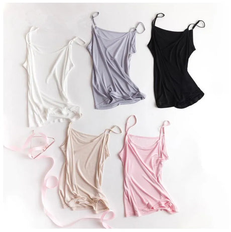 Five lightweight solid strap silk camis in white, gray, black, beige, and pink, perfect for summer wear.