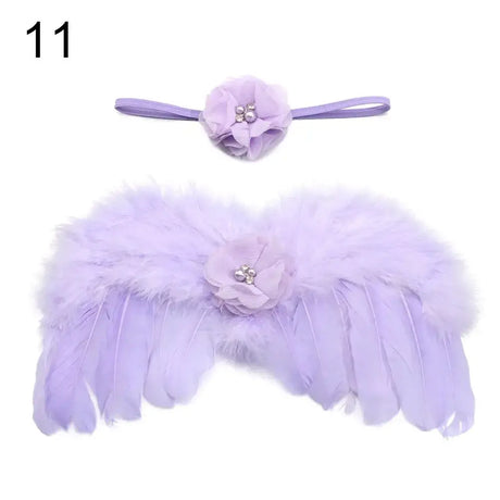 Cute lavender angel wings and matching headband with rose flower for newborn photo shoots.