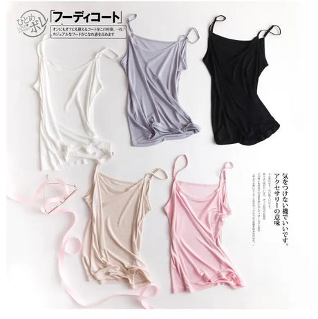 Set of five HalterSilk U-Neck Mulberry Silk camis in white, gray, black, beige, and pink, showcasing lightweight summer wear.
