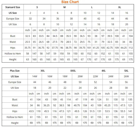 Size chart for bridal apparel showing standard and plus size measurements including bust, waist, hips, and height.