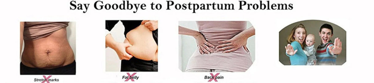 Graphic promoting solutions for postpartum issues with images of belly transformations and happy families.
