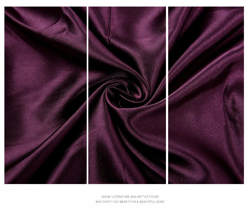 Luxurious purple satin fabric showcasing smooth texture and rich color for elegant apparel.