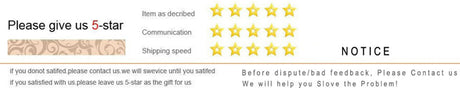 Customer feedback request graphic showing 5-star ratings for item description, communication, and shipping speed.