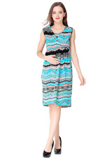 Sleeveless round neck cotton nursing dress in blue and black striped pattern, perfect for maternity and summer wear.