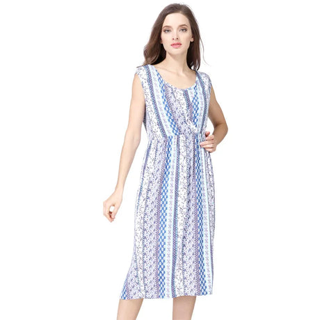 Sleeveless round neck cotton nursing dress in blue and white stripes, perfect for summer maternity wear.