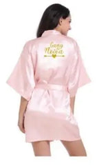 Light pink satin bridesmaid robe with 'Gang of Nova' design, perfect for elegant weddings and summer events.