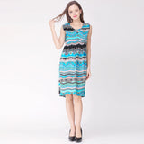 Sleeveless round neck cotton nursing dress in vibrant blue and patterned design, perfect for summer maternity wear.