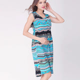 Sleeveless round neck cotton nursing dress in vibrant blue and patterned design, perfect for summer maternity wear.