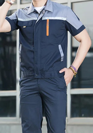 Unisex summer short-sleeve coveralls for auto repair and mechanics, featuring a navy and grey design.