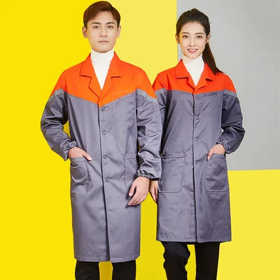 Workshop coverall for utility and safety, featuring wear-resistant fabric in orange and gray for unisex workwear.