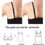Comparison of ShapeEase™ camisole straps showing built-in bra pads that cannot be removed.