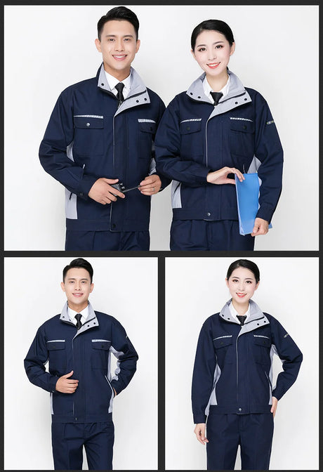 Men and women wearing durable navy work clothing sets with zippered jackets for utility and safety.