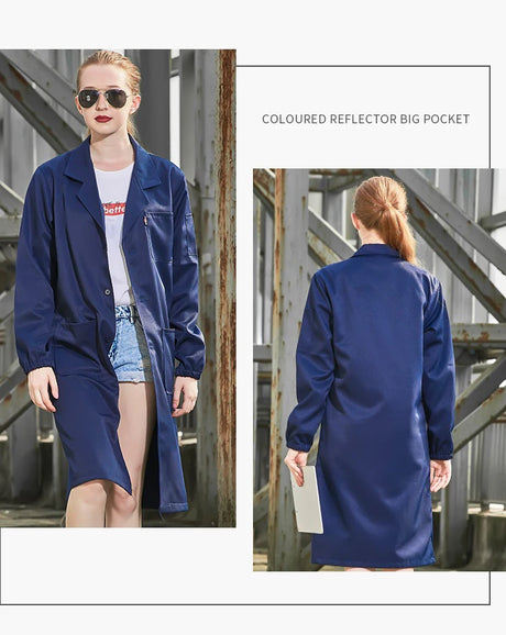 Model wearing a durable navy workshop coverall with reflective features and big pockets, outdoors against industrial backdrop.