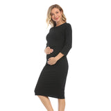 Postpartum nursing maternity dress with 3/4 sleeves in black, designed for comfort and breastfeeding.