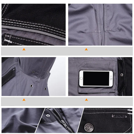 Close-up details of reflective welding suit with pockets and durable stitching features.