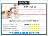 Customer feedback request graphic highlighting service satisfaction and star ratings for store improvements.