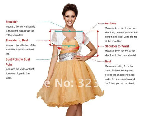 Model demonstrating dress measurement techniques with labeled areas on an orange tulle dress.