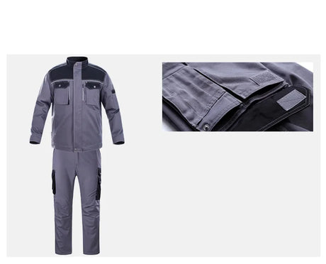 Reflective welding suit in gray, featuring wear-resistant fabric, pockets, and durable construction for safety and utility.