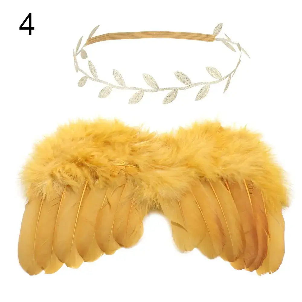 Cute yellow angel wings with soft feathers and a matching leaf headband for newborn photo props.