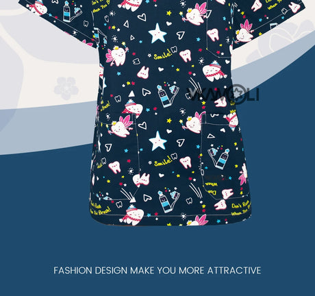 Cartoon print scrub top featuring colorful designs, perfect for medical professionals, available in various sizes.