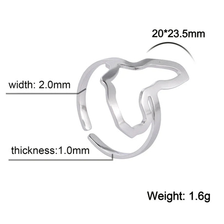 Detail image of an African map gold ring showing dimensions: 20x23.5mm, width 2mm, thickness 1mm, weight 1.6g.