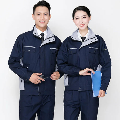 Unisex durable work clothing set for men and women, featuring navy jackets and trousers with pockets and professional design.