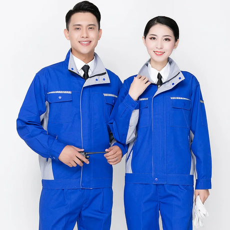 Men and women wearing blue work clothing set, featuring durable overall design for safety and utility.