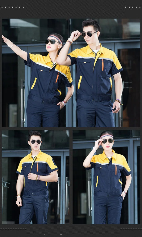 Unisex summer working uniforms for men and women, featuring short-sleeve, breathable coveralls in navy and yellow.