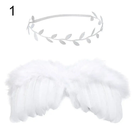 Cute newborn angel feather wings with a floral headband for baby girls, ideal for photoshoots and dress-up.