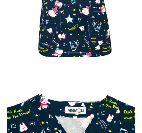 Cartoon print scrub tops for women and men, featuring a playful design with pockets and V collar, perfect for medical use.