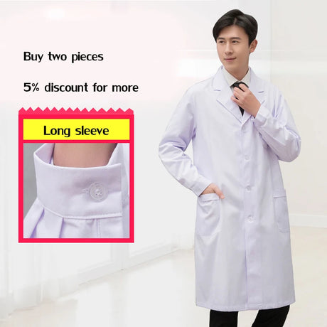 Man wearing a long sleeve white lab coat with button detail, promoting a 5% discount on two pieces.
