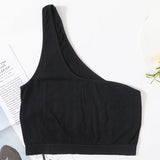 MonoSculpt™ one-shoulder seamless crop top in black, featuring a stylish streetwear-inspired design for women.