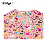 Cartoon print scrub tops featuring vibrant designs and colors, ideal for medical professionals, in pink fabric.